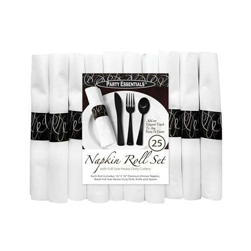 Party Essentials Pre Rolled Silverware Set Disposable Party Supplies, Wrapped Plastic Cutlery Set with Napkin, Spoons/Forks/Knives Black, 25 Units