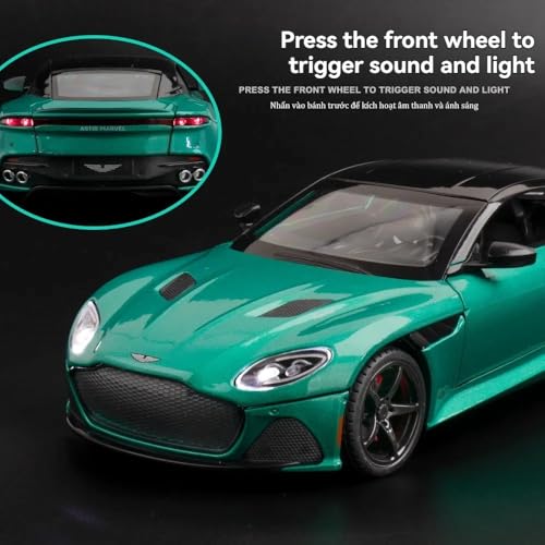 Image of 1:22 Scale Big Aston Martin DBS Metal Pullback Diecast Car for Kids with Openable Doors, Sound, Light Effects Toy for Car Enthusiasts, Green