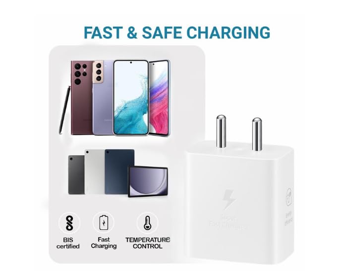 Image of Original 25W USB-C Power Adapter Compatible with Samsung Galaxy M55, M54, M33, M32 & More - Super Fast Wall Charger | White | Sleek & Compact New Model