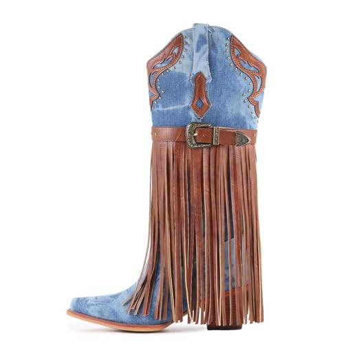 FancyQueen Fringe Cowboy Boots for Women Wide Calf, Fashion Pointed Toe Cowgirl Boots Womens Western Boot, Chunky Heel, Embroidered4