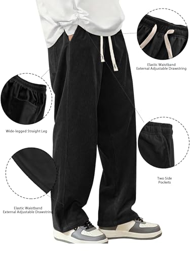 Mens Corduroy Casual Pants Fashion Loose Fit Wide Leg Pants Straight Sweatpants Elastic Waist Drawstring4