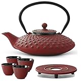 Bredemeijer Teekanne asiatisch Gusseisen Set rot 0,8 Liter mit Tee-Filter-Sieb mit Untersetzer und Teebecher (4 Tassen)