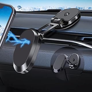 Magnetic Phone Car Mount with Foldable Base, 360° Rotation Dashboard Magnetic Car Phone Holder with 6 N52 Magnets and 2 Metal Plates, Universal Car Phone Mount Compatible with All Smartphones(Black)