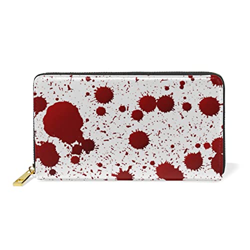 Seamless Real Red Blood Drop Ink Splatter Paint Art on White Leather Long Wallet Organizer with Zipper Purse Clutch Bag for Women Men Key Card Coin Passport Checkbook