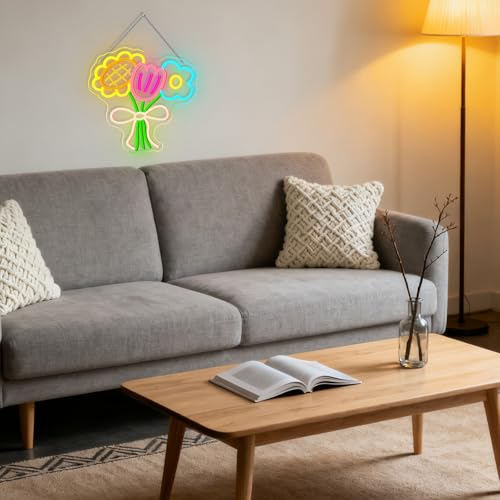 Image of 3 Flower Neon Sign Flower Neon LED Lights Cool Warm White Yellow Acrylic Wall Mount LED Boho Decorative Signage USB Powered Summer Retro Light up Sign for Wall Window Bedroom Wedding Birthday Party Decoration for Mother's Day