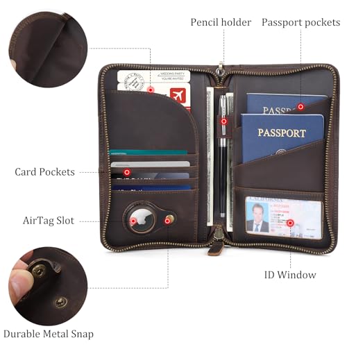 Polare Full Grain Leather Passport Holder with YKK Zipper RFID Blocking Travel Document Organizer Ticket Holder Cover Case Holds 2 Passports (Dark Brown with AirTag Slot) by POLARE ORIGINAL - Image 4