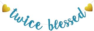 Twice Blessed Banner, Pre-Strung, No Assembly Required, Funny Blue Glitter Paper Party Decorations for Twins Baby Shower / Pregnancy Announcement Party Supplies, Letters Blue,ABCpartyland