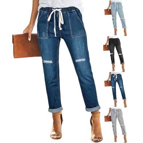 Ripped Pull On Jeans for Women Elastic Waist Cuffed Distressed Mid Rise Straight Leg Jeans Drawstring Denim Pants