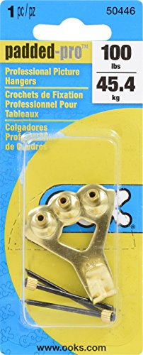 Image of OOK Picture Hanger, 100lb Capacity, 1 Set, Brass Finish | Padded back with blue steel nails for drywall and plaster, reusable hook helps hang framed art in galleries or home displays