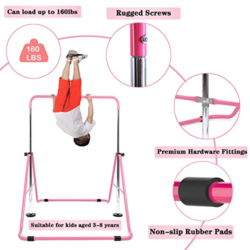 Amrta Gymnastics Bars For Home With Rings Set Pink, Adjustable Height Training Balance Kip Monkey Bar Folding Horizontal Gymnastic Equipment, For Kids Children Junior Toddler Baby Ages 3-10 #TOP2