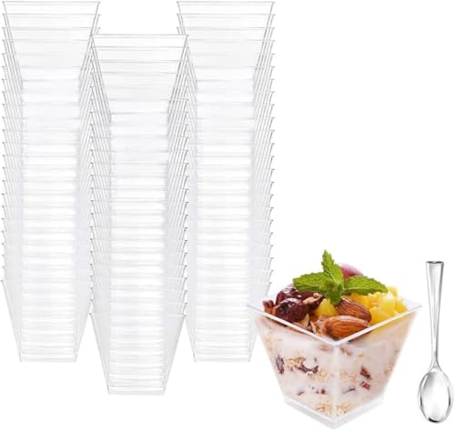 AOBOPO プラスチック使い捨てデザートカップ 100 個パック 60ml 正方形ミニクリア透明素材チョコレート・ケーキ・アイスクリーム用 パーティー・イベント・家庭用ミニデザート容器 食品用安全プラスチック