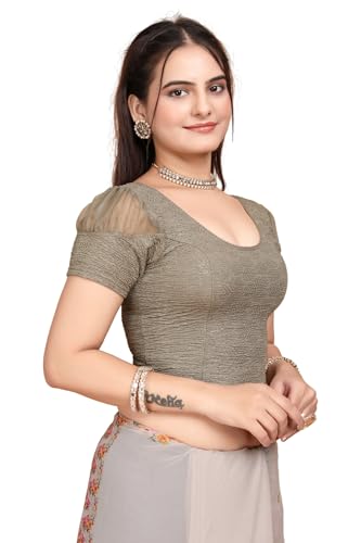 Image of SFT Women's Organza Patch Readymade Saree Blouse with Round Neck Half Sleeves Abstract Pattern Pull On Closure Regular Fit and Standard Length