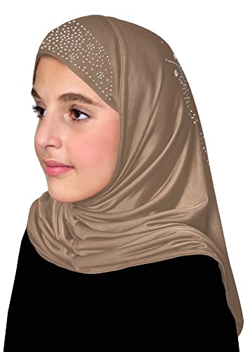 Aiyah Hijab for Girls 1 piece Amira Head Scarf with Rhinestones (Tan)