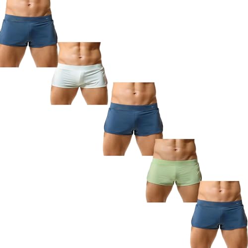 BreakEgg Men's Beach Shorts - Breathable Quick Dry and Mesh Lined Inner Jockstrap Support Swim Trunks 5Pack (3Blue+Green+White,XX-Large)
