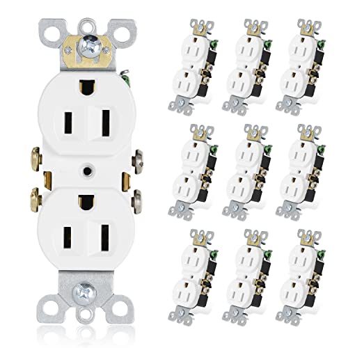 Thunderway Duplex Receptacle Outlet, 15A 125V Electrical Wall Outlets, 2 Pole 3 Wire, Residential Grade, Self-Grounding, Ul Listed, (10 Pack) (White) #TOP2