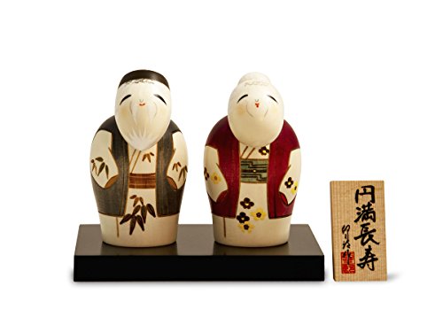 Kokeshi Paar Enmanchoju, original japanische Holz-Puppe, handgeschnitzt, von Hand bemalt. Kunst aus Japan für Dekoration, als Glücksbringer, Sammlerpuppe, Talisman. Geschenk GROSSE HARMONIE, je 11 cm Cover