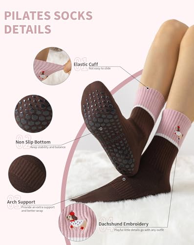 Image of Yawlsow Pilates Grip Socks for Women Yoga Grippy Socks Cute Barre Non Skid Athletic Crew Sticky Sock Workout Hospital
