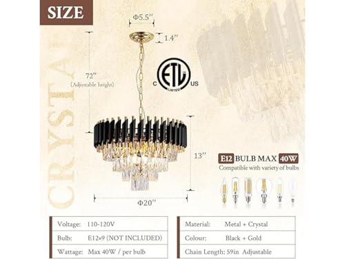 Image of Modern 4-Tiers Crystal Pendant Light Black Gold Round Ceiling Light Fixture (Antique, 500mm), 3 Colors Led Plate Included Warm White, Natural Light, Chandelier Light (L-50*B-50*H-75 Cm) F