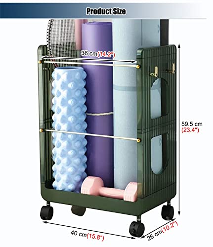 Soporte para esterilla de yoga con ruedas, estante portátil para mancuernas, organizador de almacenamiento vertical para gimnasio en casa, soporte de ahorro de espacio para rodillos de espuma y equipo