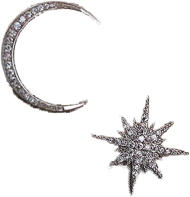 Yheakne Boho Star Moon Studs Earrings Silver CZ Sunburst Earrings Rhinestone Crescent Moon Earrings Mismatched Earrings Jewelry for Women and Girls