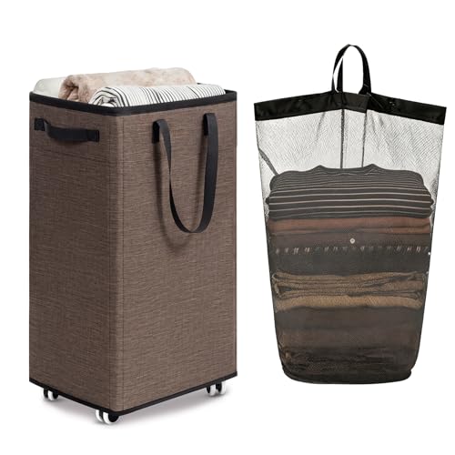 Image of Goodpick Laundry Basket with Wheels, 75L Collapsible Laundry Baskets with Removable Wash Bag, Clothes Laundry Hamper on Wheels, Light Brown