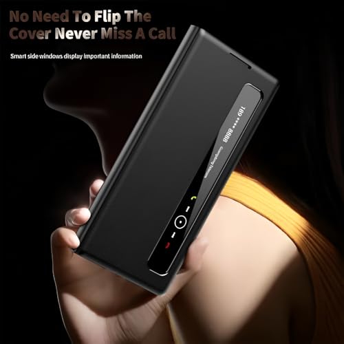 Image of Smart View Leather Case Compatible with Samsung Galaxy Z Fold 7, Flip Cover with View Window, Full Body Protection, Premium Leather Texture, Shockproof Protective Phone Case, Black