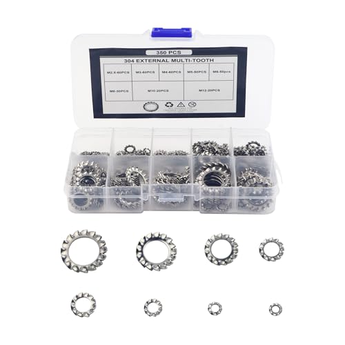 HANLATO 350Pcs External Multi-Tooth Star Lock Washers Assortment Set, 8 Size M2.5 M3 M4 M5 M6 M8 M10 M12, 304 Stainless Steel External Tooth Washer Sets, Silver