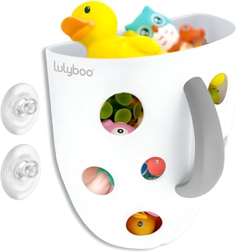 Image of Lulyboo Baby Bath Toy Holder with No-Slip Suction Cups, BPA-Free Drainage Bin, Easy Clean Wall Organizer, White & Grey, Keeps Bathroom Clutter-Free & Safe for Kids