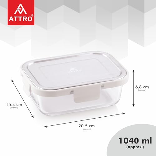 Image of ATTRO Glassox Borosilicate Rectangular Glass Lunch Box with Stainless Steel Lid Food Storage Container Microwave & Freezer Safe BPA-Free Food-Grade 1040ml, Transparent