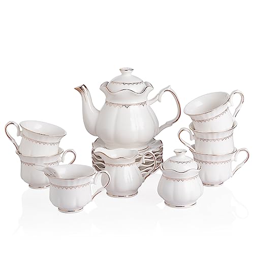 Sweejar 21 Pieces Porcelain Tea Set, Vintage Gold Trimmed Teapot Cup and Saucer Set, Tea Cup for Loose Tea, Sugar Bowl and Creamer Pitcher with Spoons, Service for 6(Elegant White)
