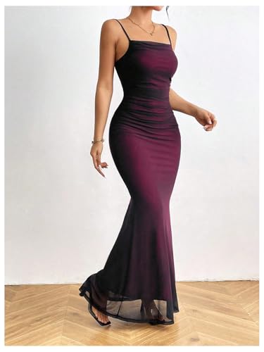 GORGLITTER Women's Mesh Bodycon Maxi Slip Dress Spaghetti Strap Backless Party Long Cami Dresses4