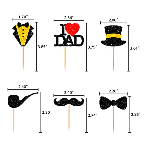 36Pcs Black Glitter Cute I Love Dad Cupcake Toppers, Bow-Tie, Mustache, Hat, Neck-Cloth Cake Picks Happy Father's Day Decorations Father's Birthday Party Favors Supplies #TOP1