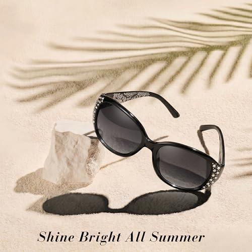 Image of LVIOE Polarized Sunglasses for Women Rhinestone Design Wrap Around Shades | UV400 Protection Fashion Sun Glasses Stylish Elegant Frame, Bonus Cleaning Cloth & Soft Pouch Plus Essential Accessories