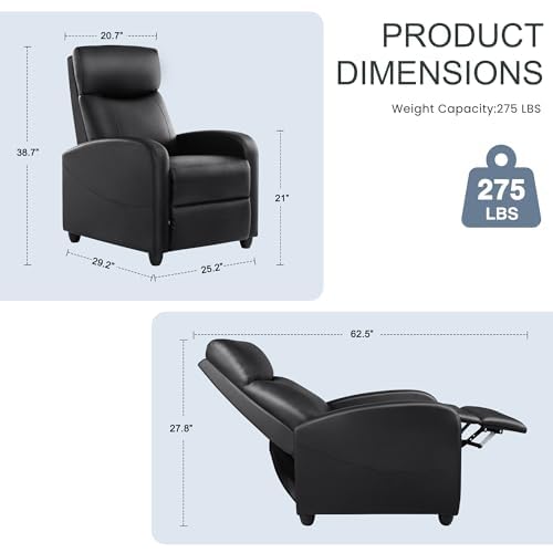 Image of Manual Recliner Chair, Oversized Lazy Boy Reclining Sofa with Adjustable Backrest & Extended Footrest, Ergonomic Single Recliner Couch for Home Theater Seating, Living Room, Bedroom, Black