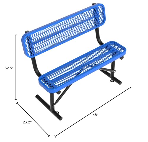 Image of 4FT Outdoor Metal Bench Park Benches for Outside, Blue Heavy Duty Long Steel Bench with Back, Commercial Garden Bench Expanded Metal Bench Seat for Lawn, Park, Deck, Garden, Patio, Porch