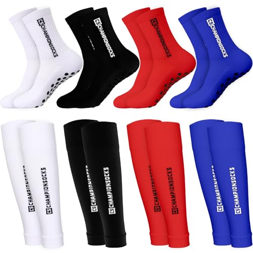 Boyiee Lot de 8 Chaussettes de Football, 4 Chaussettes de Sport Antidérapantes 4 Manchons de Jambe pour Intérieur Extérieur