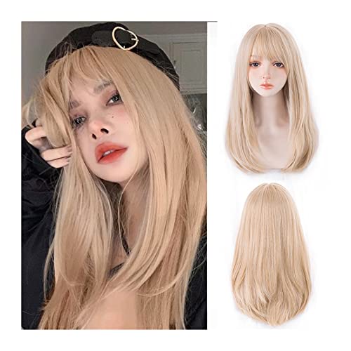 Perruques blondes avec frange synthétiques longues et lisses pour femmes