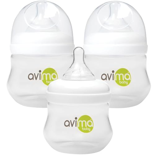 Image of Avima 4 oz Anti Colic Baby Bottles for Breastfed Babies - Slow Flow Nipples, Wide Neck Bottle, BPA Free - Newborn 0-3 Months, Stage 1 (Set of 3)