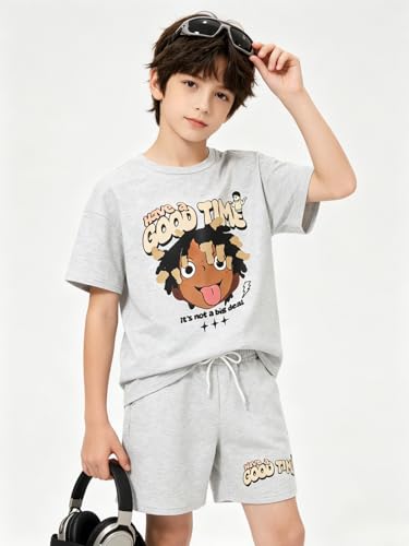 Image of Size 6-12 Years Boys Summer Outfits Set Kids Short Sleeve Top T-Shirt & Shorts Color Block Clothing Sets