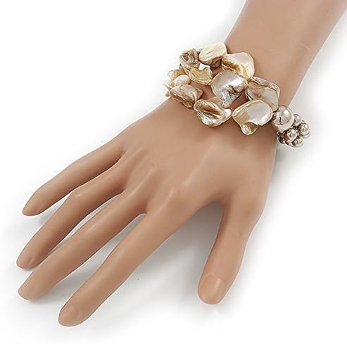 Avalaya Antique White Shell Mirrored Silver Acrylic Bead Flex Bracelet - 17cm L, silver, white / ivory - Image 3