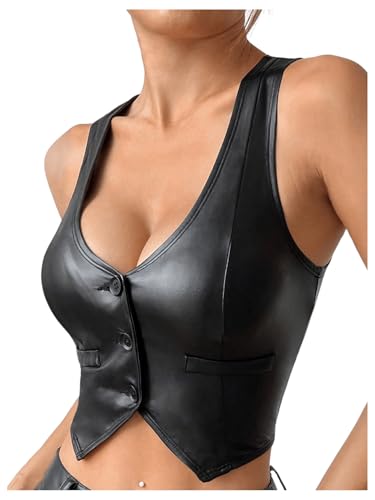 Floerns Women's Sleeveless V Neck Button Front Faux Leather Waistcoat Y2k Crop Tank Top Black Small