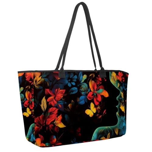 Large Beach Bag for Women, Colorful Flowers Pattern Travel Tote with Pockets Waterproof Shoulder Handbag