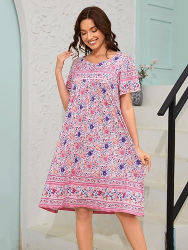 Image of CRIPOM Womens Nightgown Short Sleeve House Dress with Pockets-Floral Print Mumu Dress S-3XL