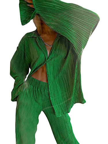 Wide Leg Pants Sets Women 2 Piece Outfits Casual Long Sleeve Button Down Shirt Linen Pants Fashion Streetwear (Clear Green , M )