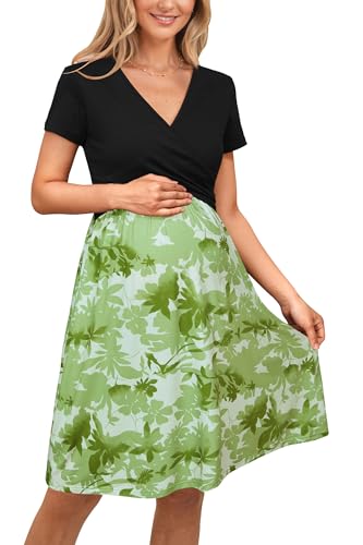 Image of OUGES Maternity Nursing Dress Breastfeeding Short Sleeve V Neck Casual Pregnancy Clothes with Pockets