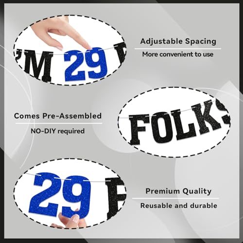 Image of I am 29 Folks, What's Up? Banner - New Girl 29th Birthday Party Decorations, Happy 29th Birthday Party Decorations Black Glitter