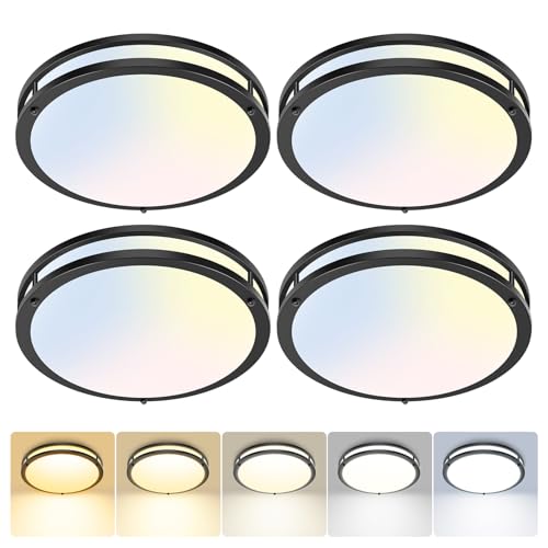 hepside 4 Pack Flush Mount Ceiling Light Fixture, Dimmable & 5CCT Ceiling Light Black, 10inch 15W 3000K 3500K 4000K 5000K 6500K Adjustable Ceiling Lamps for Kitchen Bathroom Bedroom Hallway