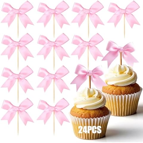 24Pcs Pink Bow Cupcake Toppers - Pink Bow Cake Topper Birthday Decorations, Bowknot Cupcake Picks for Coquette Bow Theme Party Decoration Bachelorette Bridal Engagement Wedding Baby Shower Party Decor Cover