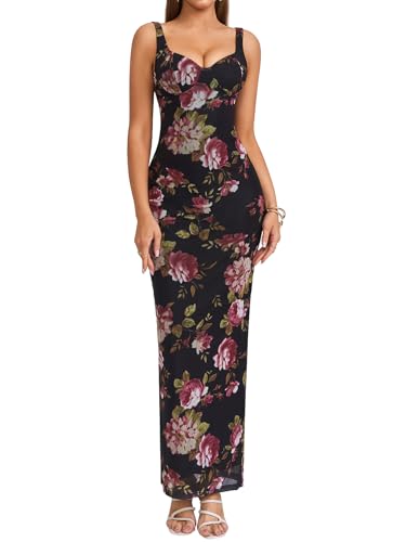 HTZMO Women Summer Floral Bodycon Maxi Dress V Neck Halter