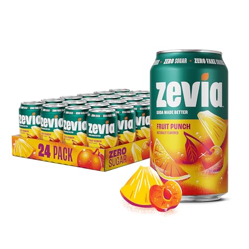 Image of Zevia Zero Sugar Soda, Fruit Punch, 12 oz Cans (24-Pack) - Caffeine Free, Naturally Sweetened, No Calorie Soda - Non-GMO Project Verified, Gluten-Free, Vegan